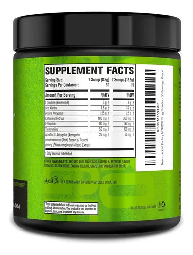 Jacked Factory NitroSurge | 30 Porciones | Sabor Grape | Energía, Fuerza y Concentración | Pre Entrenamiento | Suplemento Alimenticio
