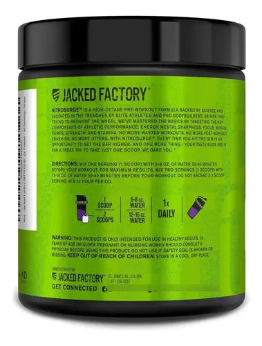 Jacked Factory NitroSurge | 30 Porciones | Sabor Grape | Energía, Fuerza y Concentración | Pre Entrenamiento | Suplemento Alimenticio