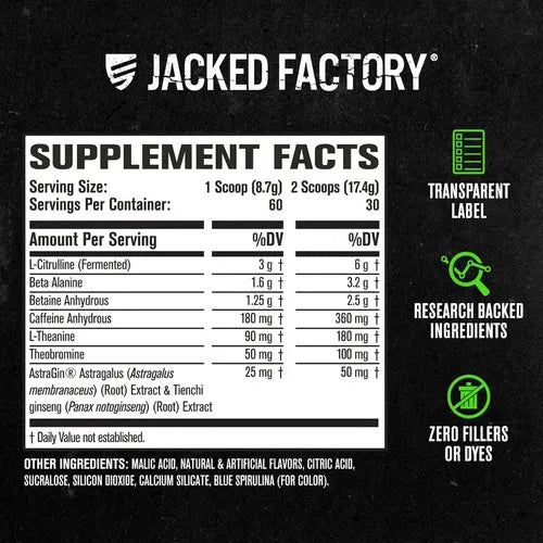 Jacked Factory NitroSurge | 60 Porciones | Sabor Blue Raspberry | Energía, Fuerza y Concentración | Pre Entrenamiento | Suplemento Alimenticio