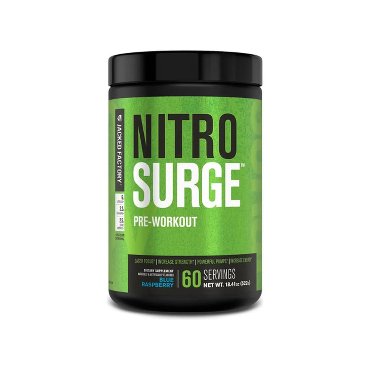 Jacked Factory NitroSurge | 60 Porciones | Sabor Blue Raspberry | Energía, Fuerza y Concentración | Pre Entrenamiento | Suplemento Alimenticio