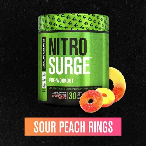Jacked Factory NitroSurge | 30 Porciones | Sabor Sour Peach Rings | Energía, Fuerza y Concentración | Pre Entrenamiento | Suplemento Alimenticio