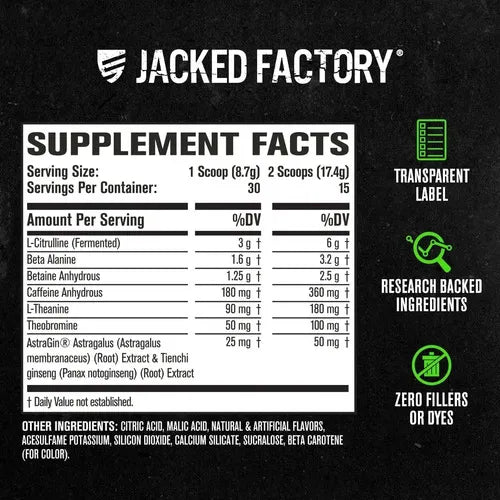 Jacked Factory NitroSurge | 30 Porciones | Sabor Sour Peach Rings | Energía, Fuerza y Concentración | Pre Entrenamiento | Suplemento Alimenticio