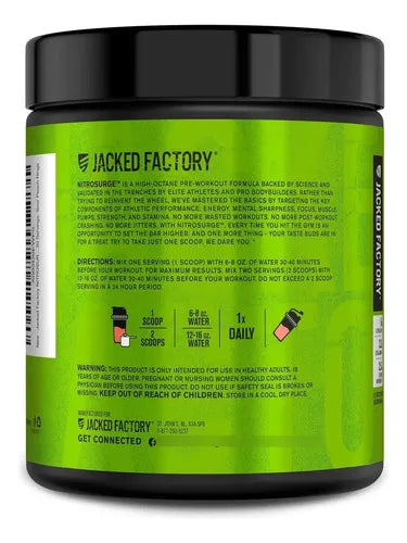 Jacked Factory NitroSurge | 30 Porciones | Sabor Sour Peach Rings | Energía, Fuerza y Concentración | Pre Entrenamiento | Suplemento Alimenticio