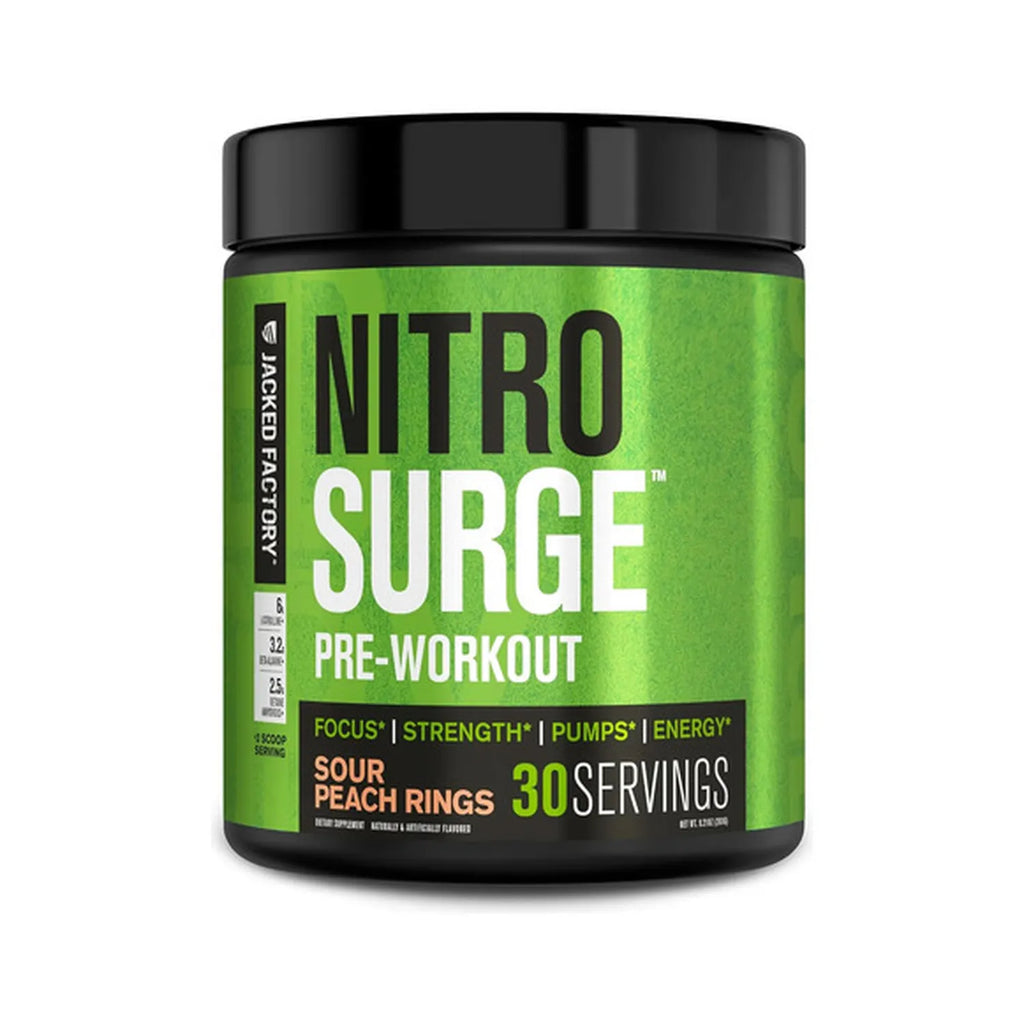 Jacked Factory NitroSurge | 30 Porciones | Sabor Sour Peach Rings | Energía, Fuerza y Concentración | Pre Entrenamiento | Suplemento Alimenticio