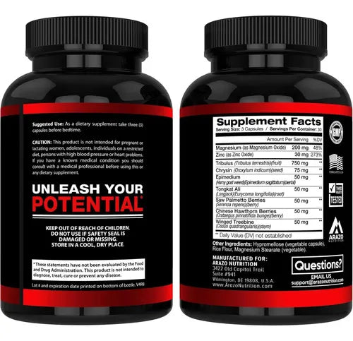 Arazo Nutrition TestoBoost | Tribulus Terrestris | 90 Cápsulas | Zinc y Magnesio | Rendimiento Físico | Suplemento Alimenticio
