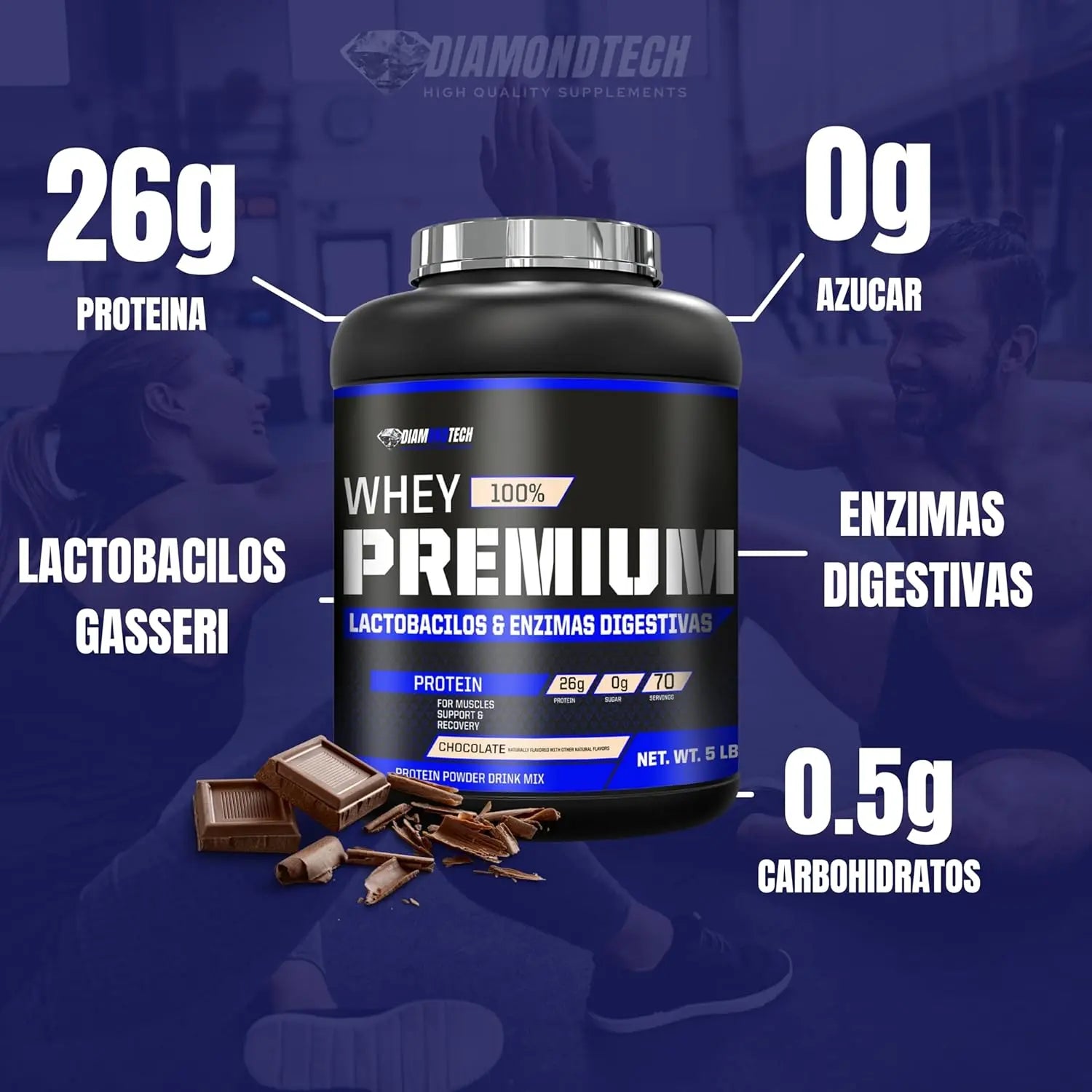 DiamondTech Proteína Premium con lactobacilos 5lb sfn chocolate